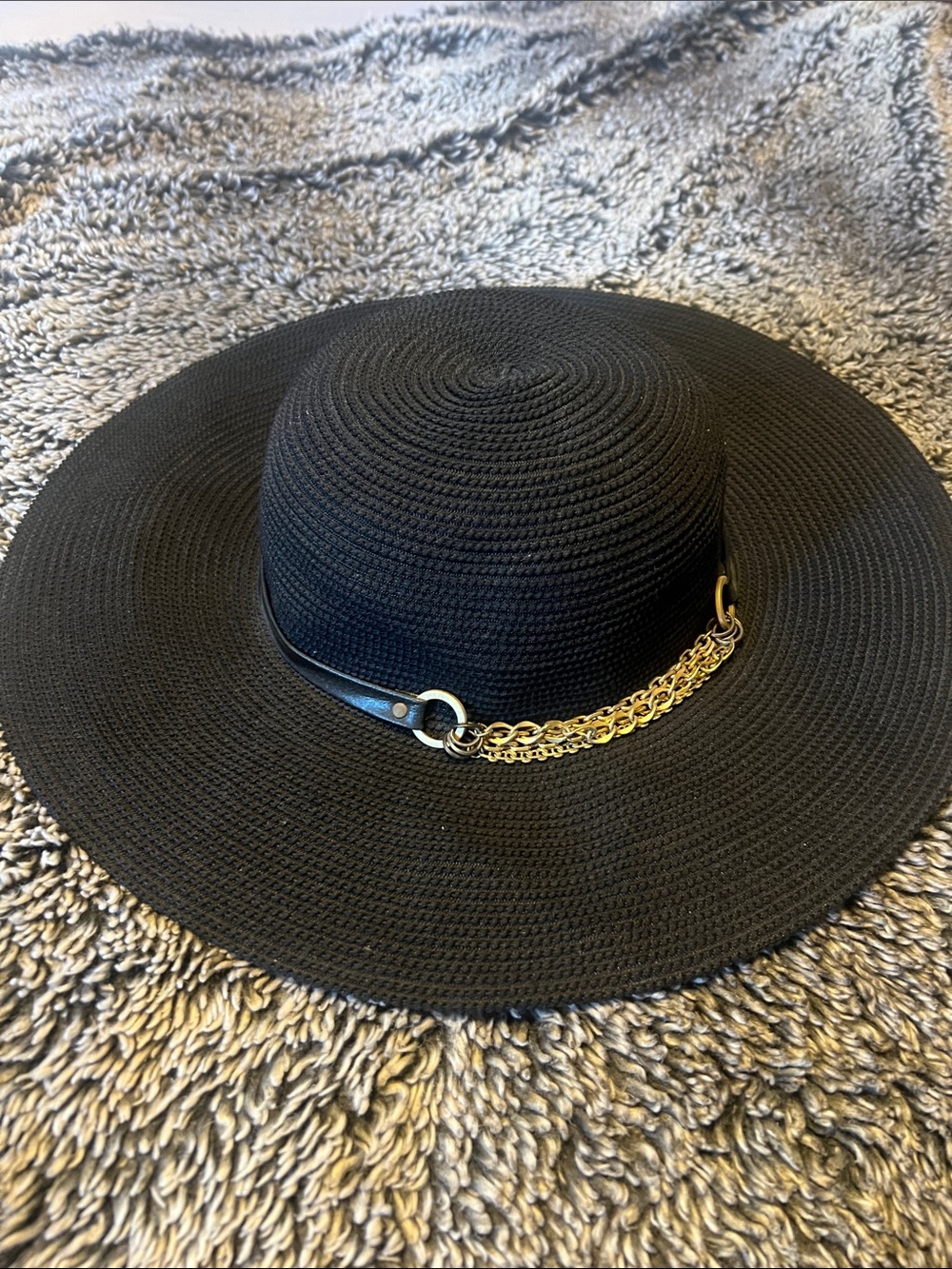Eugenia Kim Black Wide-Brim Straw Hat with Gold Chain